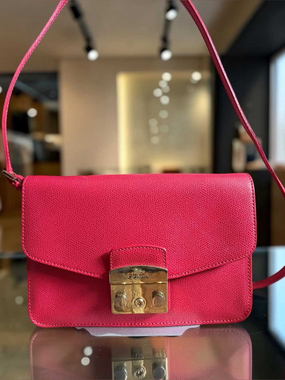 Furla Metropolis Red Leather Crossbody with Gold Lock